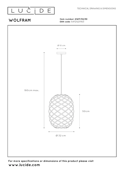 Lucide WOLFRAM - Lámpara colgante - Ø 32 cm - 1xE27 - Negro - técnico